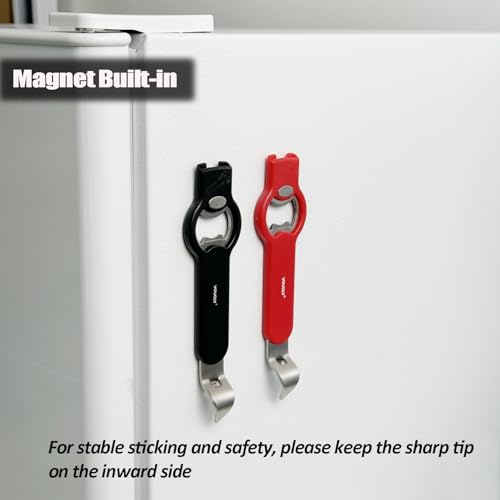 3-in-1 Magnetic Bottle and Can Opener for Refrigerator, Stainless Steel Manual Can Punch Opener for Liquid with Cap Catcher, Stick to Fridge for Easy Storage, Can Tapper Church Key with Magnet (Black)