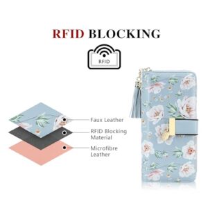 RFID Wallets for Women with Multiple Card Slots and Cellphone Compartment, Womens Wallet(Printed blue peony)