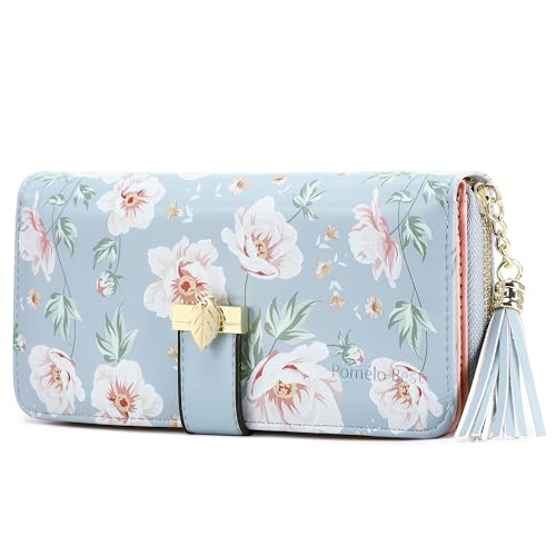 RFID Wallets for Women with Multiple Card Slots and Cellphone Compartment, Womens Wallet(Printed blue peony)