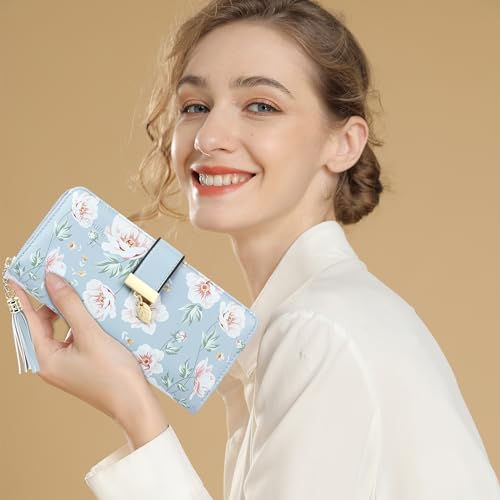 RFID Wallets for Women with Multiple Card Slots and Cellphone Compartment, Womens Wallet(Printed blue peony)