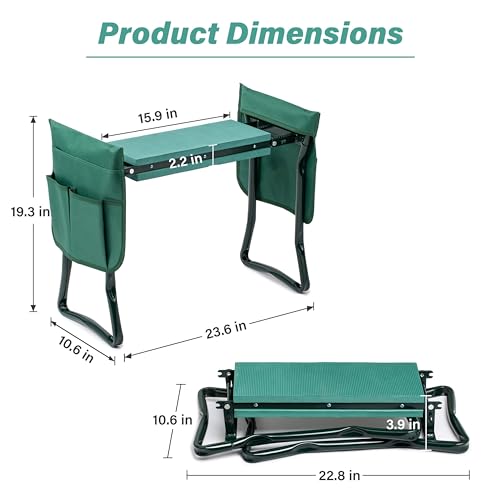 Simple Deluxe Garden Kneeler and Seat, Foldable Kneeling Stool with Thicker EVA Foam Pad Heavy Duty Bench, with Tool Pouch, Gifts for Outdoor Gardening, Fishing, Green