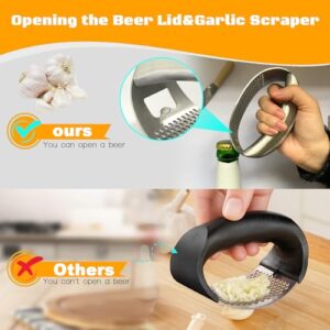 Garlic Press Rocker Heavy Duty Stainless Steel Garlic Mincer Garlic Crusher Garlic Chopper with Peeler And Scraper for Smash Garlic Built-in Bottle Opener