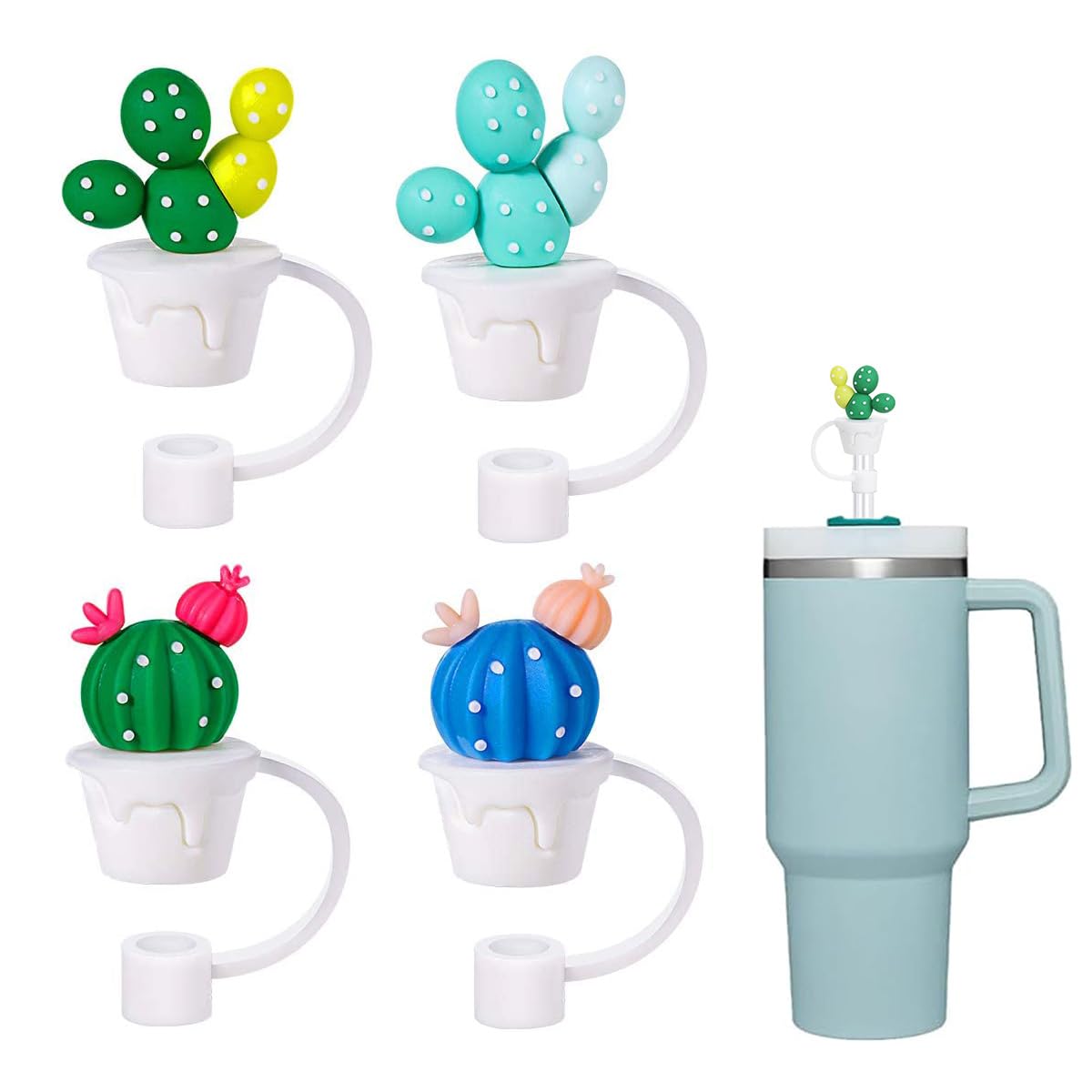 boqopod 4 Pcs Cactus 10mm/0.4 inch Straw Cover Cap for Stanley Cup and Straw Topper Compatible with Stanley 30 & 40 Oz Tumblers (Cactus)