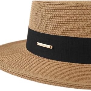 Women Beach Straw Sun Hat - Summer Classic Boater Sun Hat Panama Short Brim Fedora for Party Travel(S/M) Khaki