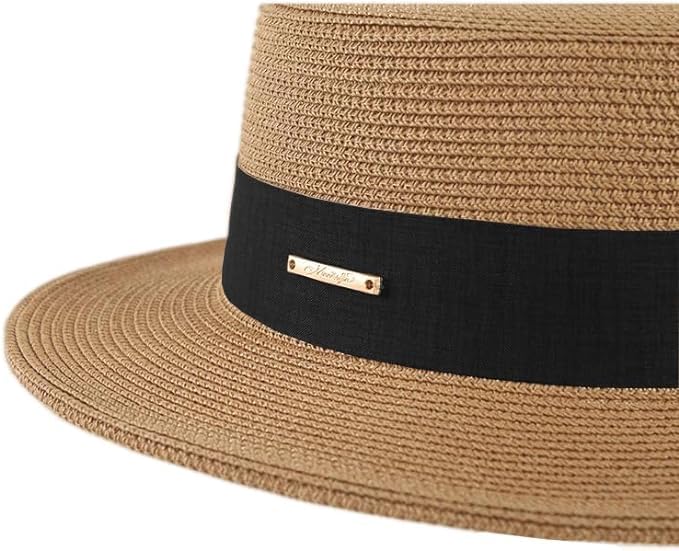 Women Beach Straw Sun Hat - Summer Classic Boater Sun Hat Panama Short Brim Fedora for Party Travel(S/M) Khaki