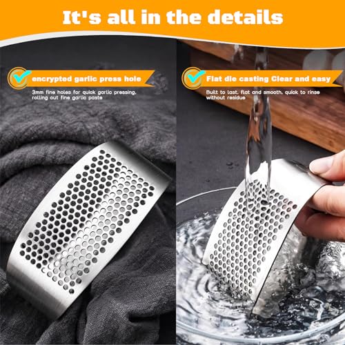 Garlic Press Rocker Heavy Duty Stainless Steel Garlic Mincer Garlic Crusher Garlic Chopper with Peeler And Scraper for Smash Garlic Built-in Bottle Opener