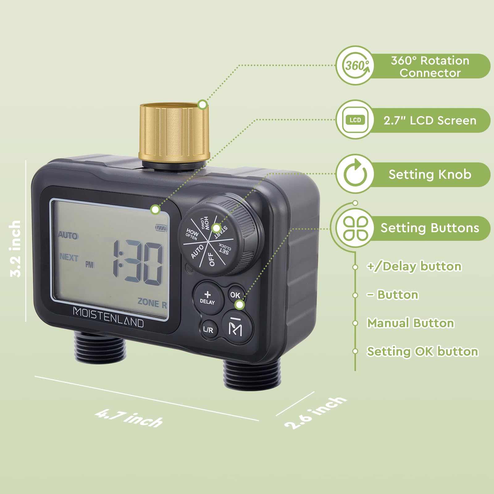 Moistenland Hose Timer with Brass Swivel, Sprinkler Timer, with Rain Delay/Manual/Automatic Watering System,Lawn & Garden Watering Equipment,IP54 Waterproof, 3.1 Inches Large Screen(2 Outlets)