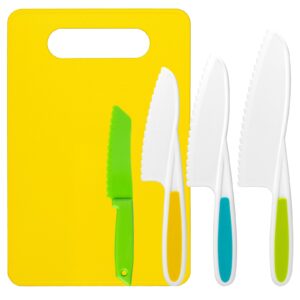 reaeon 5 pcs kids cooking sets real, montessori kitchen tools, kids knife set for real cooking, 4 pcs children's safety cooking knives, 1 pc cutting board, serrated edges toddler girl boy