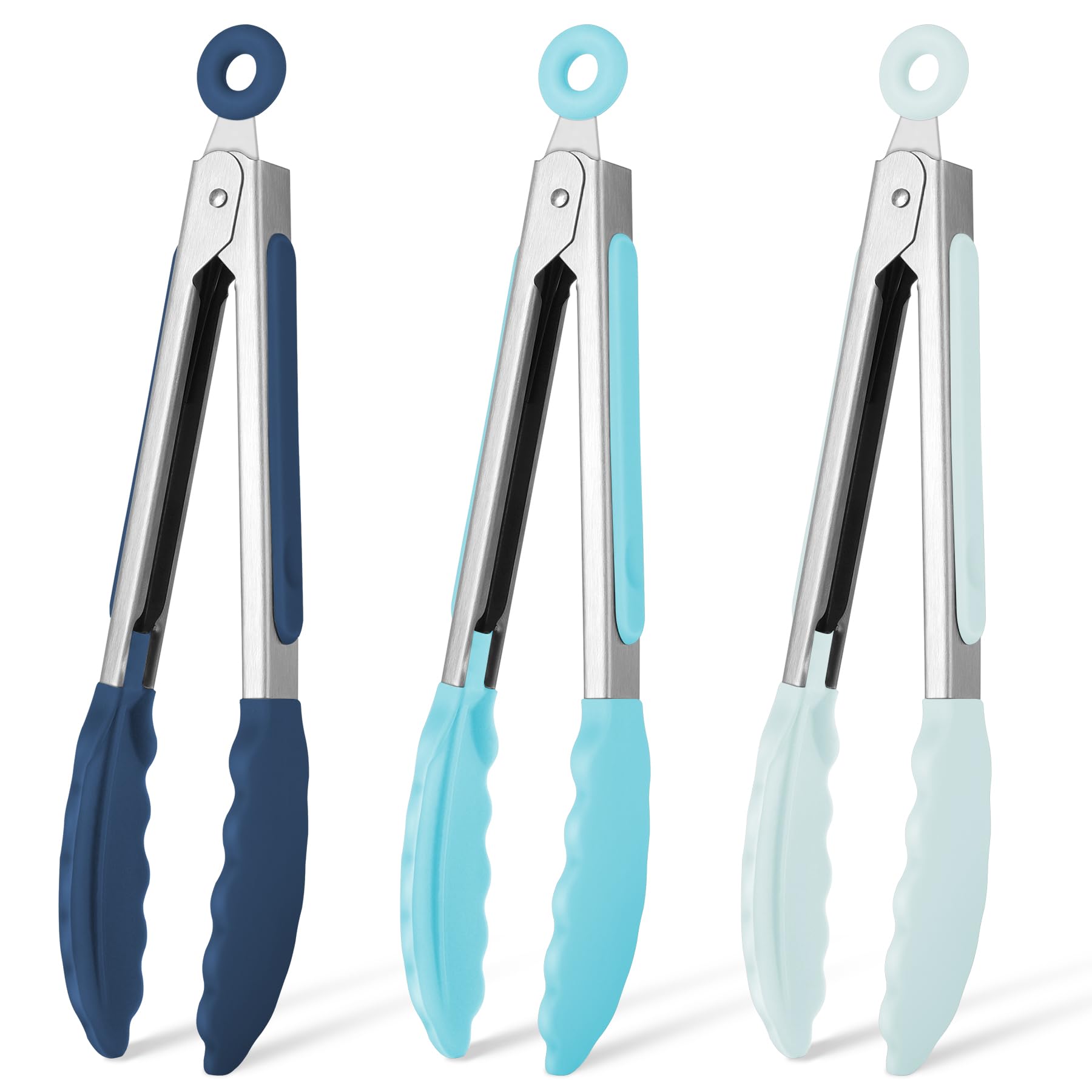 Hotec Mini Silicone Kitchen Tongs for Cooking - 7-Inch Small Serving Tongs with Silicone Tips, Set of 3 (Blue)