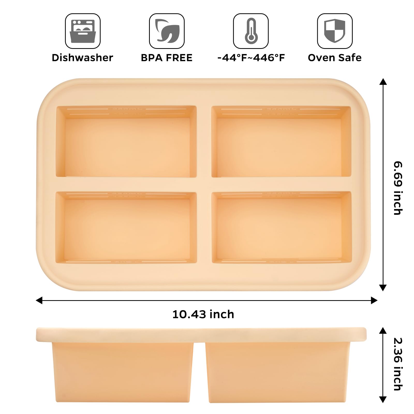 Winrock Super Ice Cube Tray 1 Cup X 4 Portions Big Silicone Freezing Mold with Lid, for Soup&Meal, Prep Food Leftovers Freezer Storage Container, 2Pack