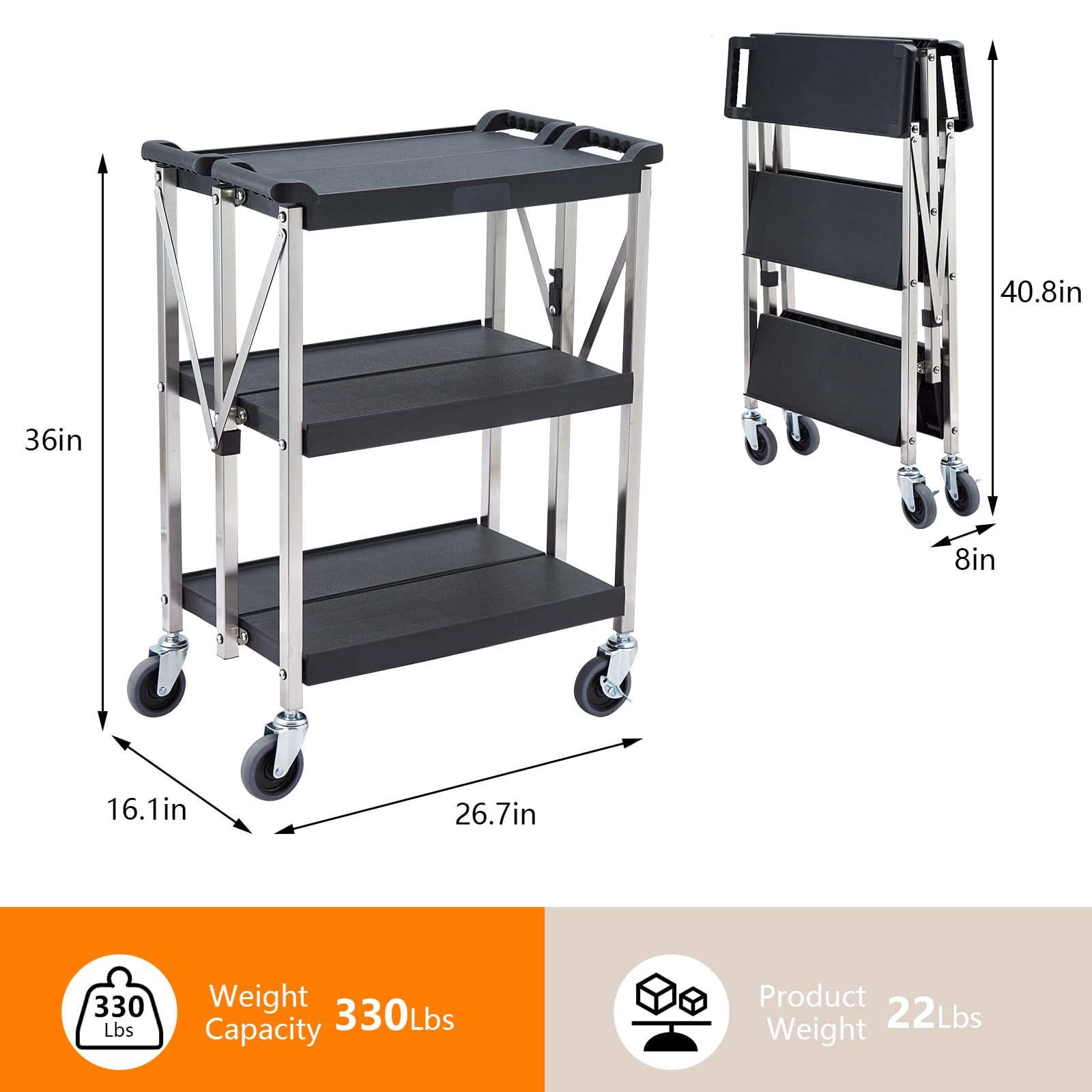 Garvee Foldable Utility Service Cart w/ 360°Swivel Wheels Lockable, 300LbsLoad Capacity, XL 3-Tier Tool Carts for Restaurant Garage Office Outdoor Storage and Transport, Stainless Steel Frame