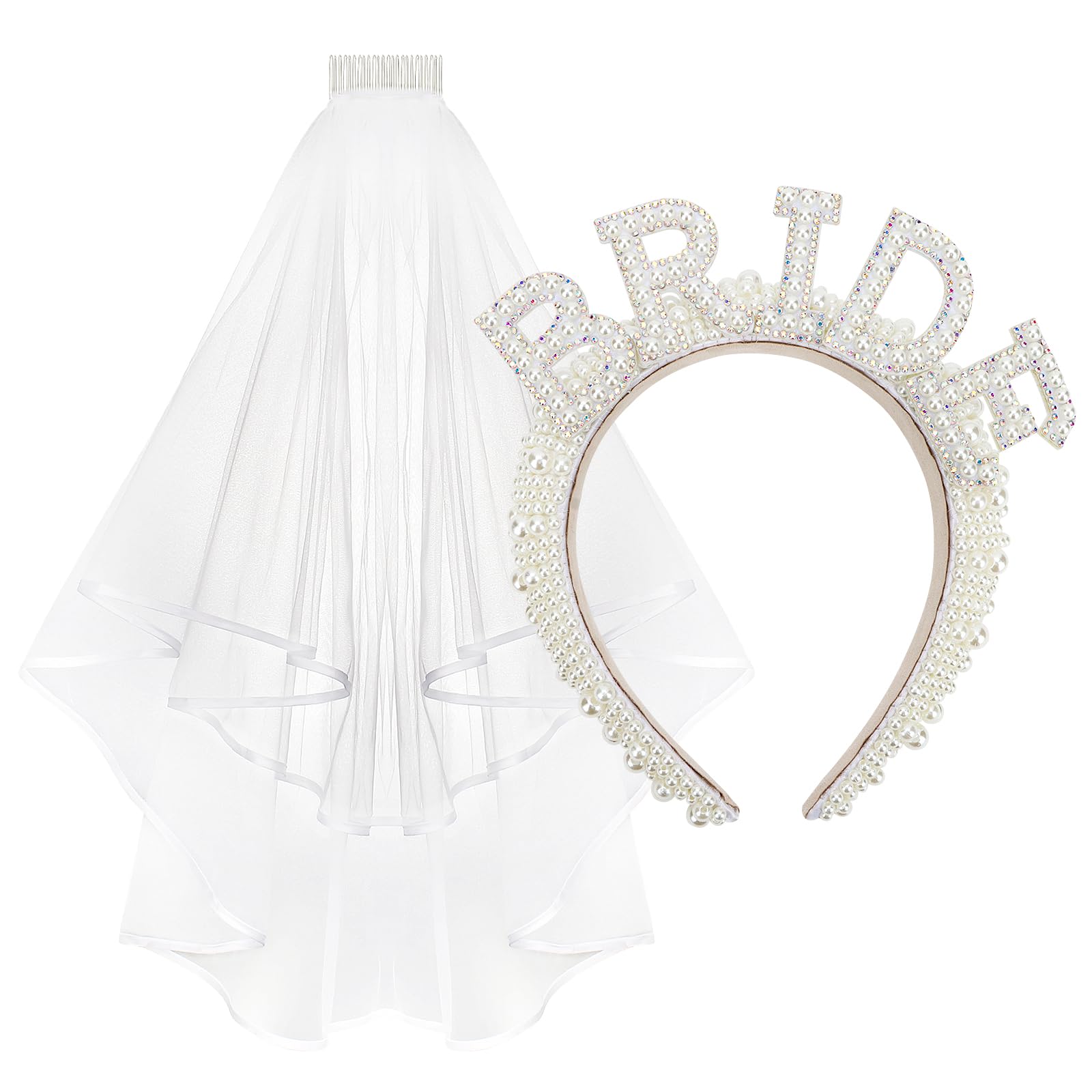 Jaciya Pearl Bride Headband with Veil - Bridal Shower and Bachelorette Party Decoration Gift