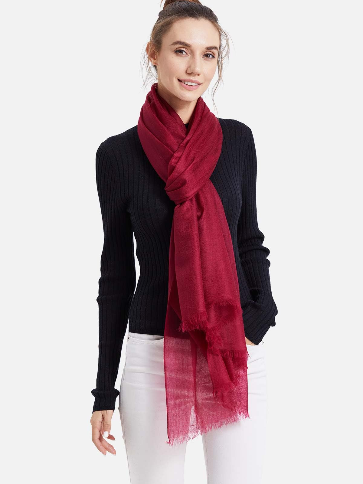 Ovcio Featherlight Wine Red Cashmere Scarf - 100% Pure Cashmere Wrap Scarf for Women (87x39) with Gift Box