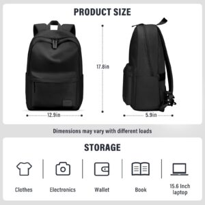 HOMIEE Lightweight Casual Laptop Backpack Fits 15.6 Inch Computer, Water-Resistant Daypack Unisex Bookbag for College Work Travel Gifts, Black