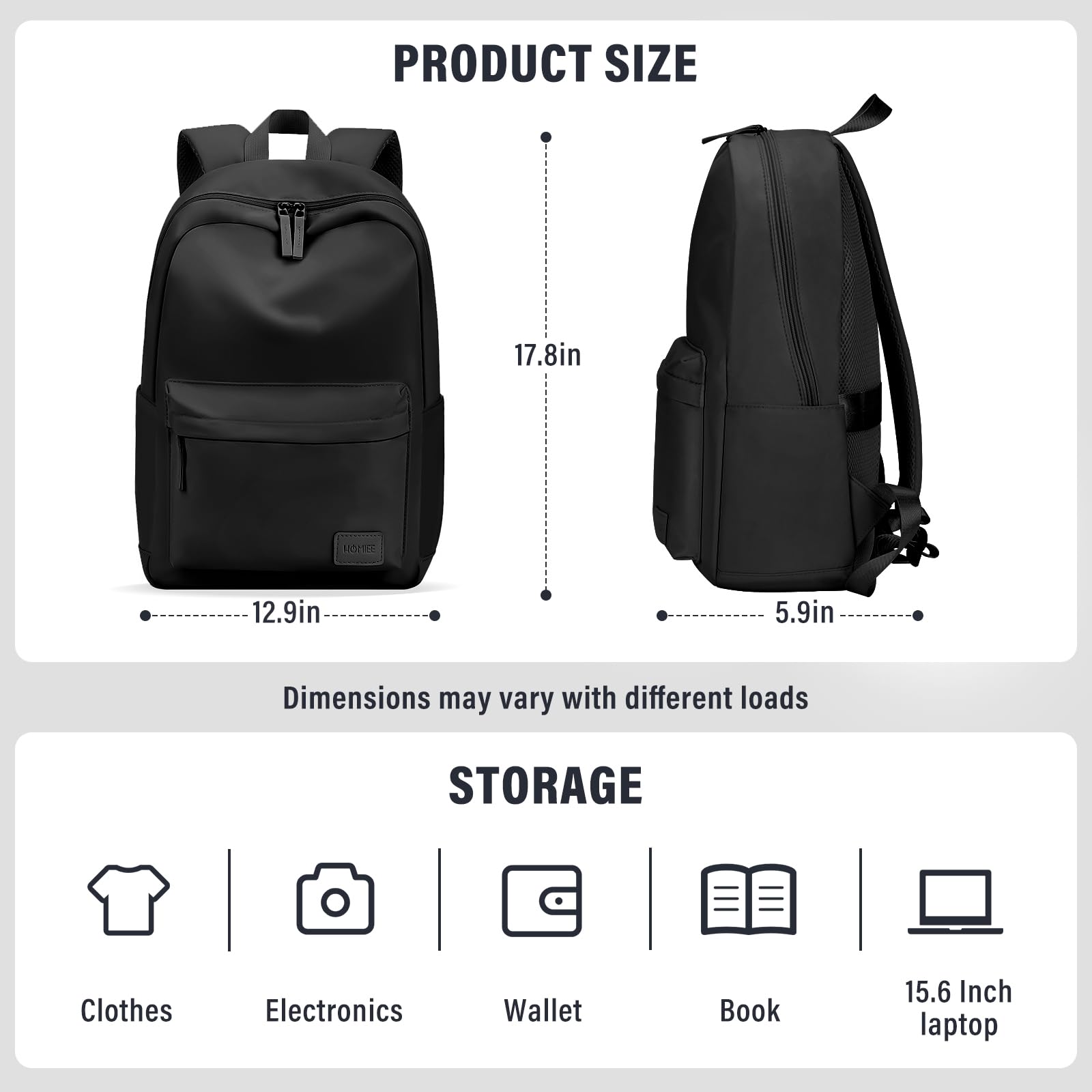 HOMIEE Lightweight Casual Laptop Backpack Fits 15.6 Inch Computer, Water-Resistant Daypack Unisex Bookbag for College Work Travel Gifts, Black