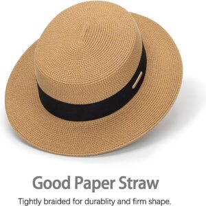 Women Beach Straw Sun Hat - Summer Classic Boater Sun Hat Panama Short Brim Fedora for Party Travel(S/M) Khaki