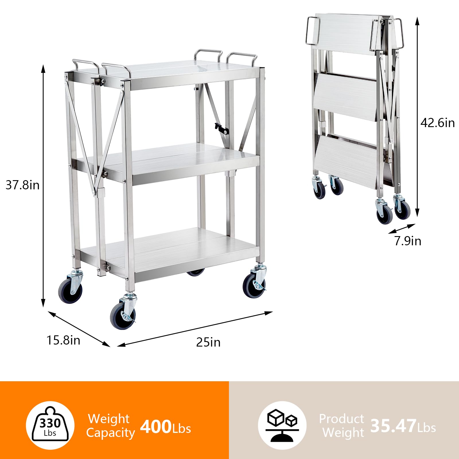 Garvee Heavy Duty Folding Utility Cart, Stainless Steel Collapsible Service Cart 133 Lbs Large Loading per Shelf, Sturdy 3-Tier Rolling Cart with Wheels Lockable for Restaurant Garage Office Outdoor