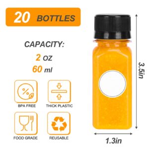 Moretoes 20pcs 2oz Plastic Bottles with Caps, Empty Juice Bottles for Juicing, Reusable Juice Containers with Labels, Funnel and Brush for Potion, Ginger Shots, Oils, and Other Juicing Beverages