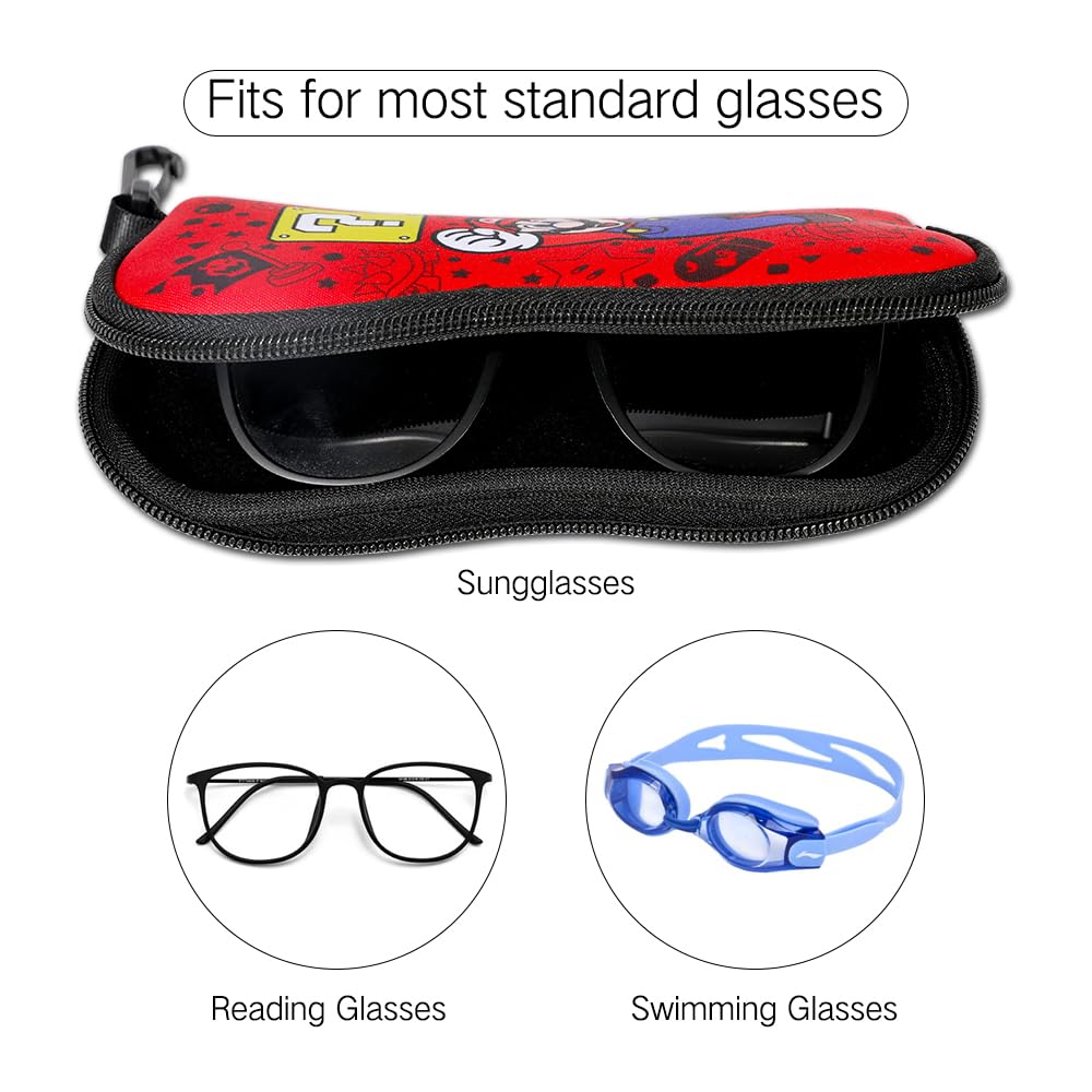 PERFECTSIGHT Kawaii Glasses Case, Neoprene Zipper Eyeglass Case with Clip, Cute Soft Sunglasses Travel Pouch for Women Kids (Red Mario)