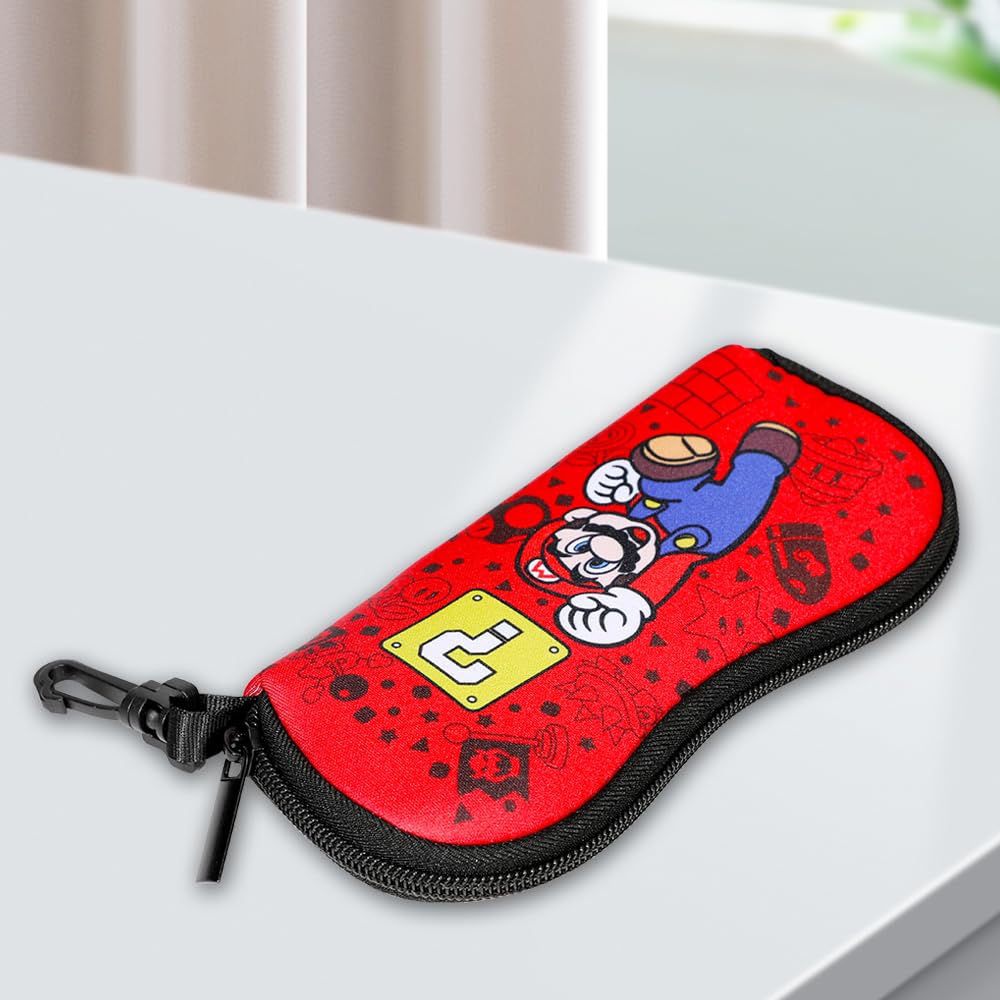 PERFECTSIGHT Kawaii Glasses Case, Neoprene Zipper Eyeglass Case with Clip, Cute Soft Sunglasses Travel Pouch for Women Kids (Red Mario)