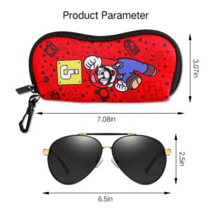 PERFECTSIGHT Kawaii Glasses Case, Neoprene Zipper Eyeglass Case with Clip, Cute Soft Sunglasses Travel Pouch for Women Kids (Red Mario)