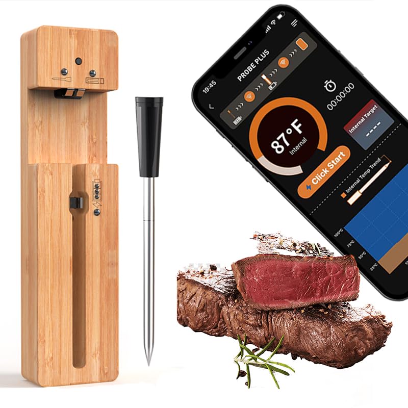 Wireless Meat Thermometer Bluetooth, Food Thermometer with Waterproof Probe & Smart WiFi APP for Grill Grilling, Oven, Smoker, Kitchen Cooking, Outdoor BBQ Thermometers