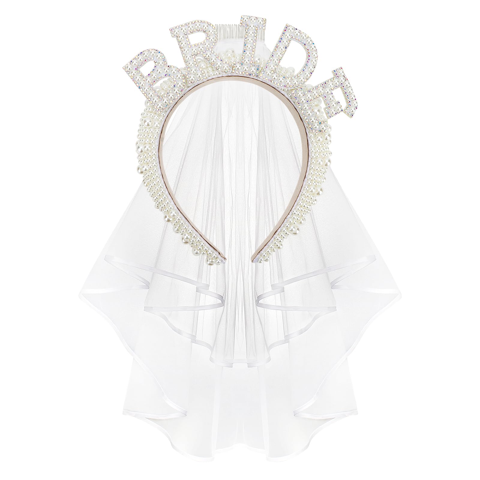 Jaciya Pearl Bride Headband with Veil - Bridal Shower and Bachelorette Party Decoration Gift