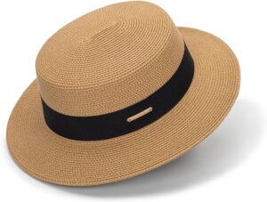 women beach straw sun hat - summer classic boater sun hat panama short brim fedora for party travel(s/m) khaki