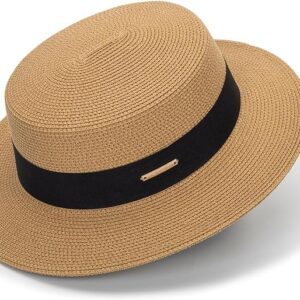 Women Beach Straw Sun Hat - Summer Classic Boater Sun Hat Panama Short Brim Fedora for Party Travel(S/M) Khaki