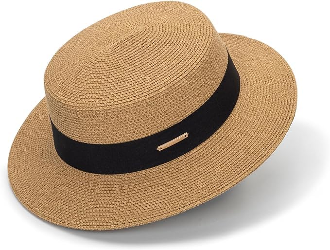 Women Beach Straw Sun Hat - Summer Classic Boater Sun Hat Panama Short Brim Fedora for Party Travel(S/M) Khaki