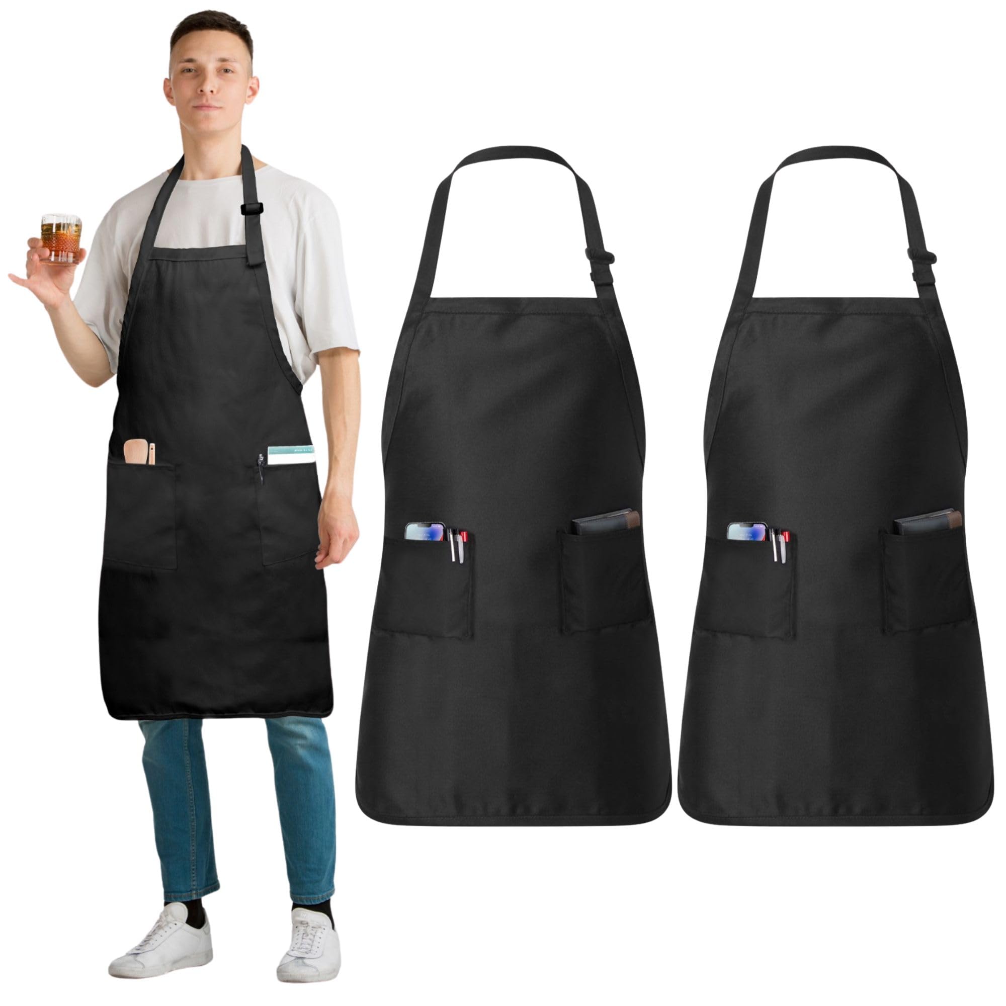 Premium Adjustable Cotton Chef Aprons with 2 Pockets and Bandana, 2 Pack, Kitchen Apron for Women and Men (Black)