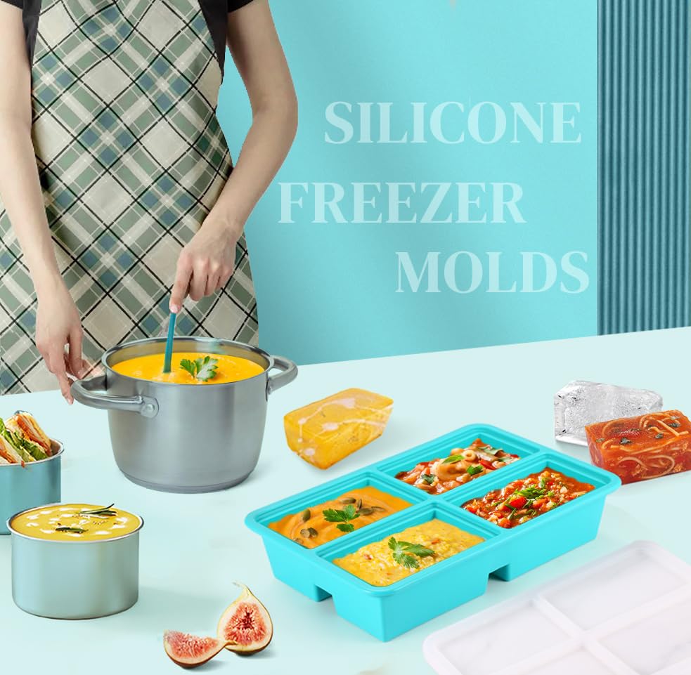 Silicone Freezer Trays With Lid - Silicone Soup Freezer Molds, Soup Freezer Containers For Freezing & Storing Soup, Sauce, Broth, and Leftovers - 1 cup silicone freezer molds - 2 Pack