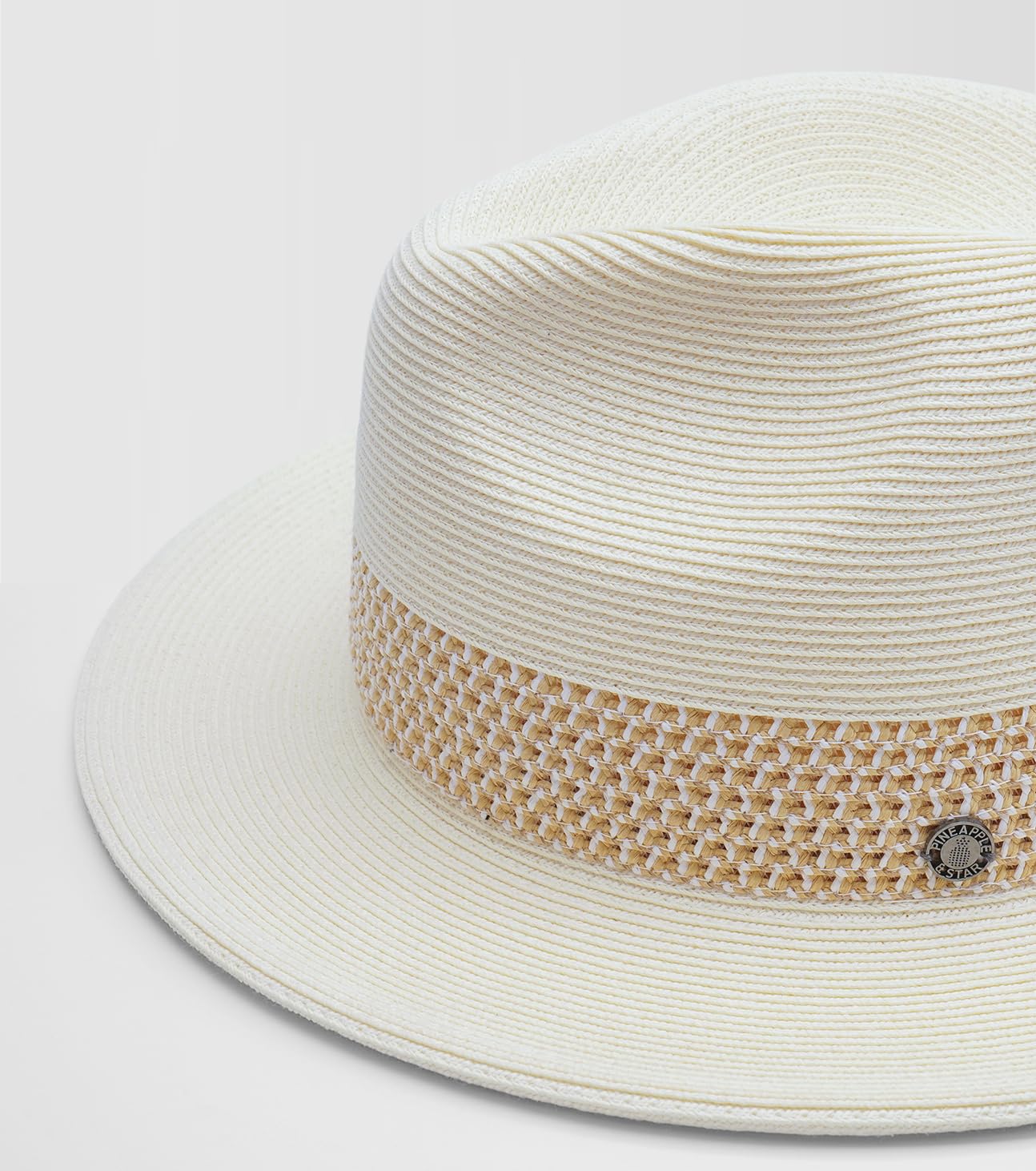 Pineapple&Star Sun Straw Fedora Beach Hat Fine Braid UPF50+ for Unisex (Medium, Off-White Amiens)