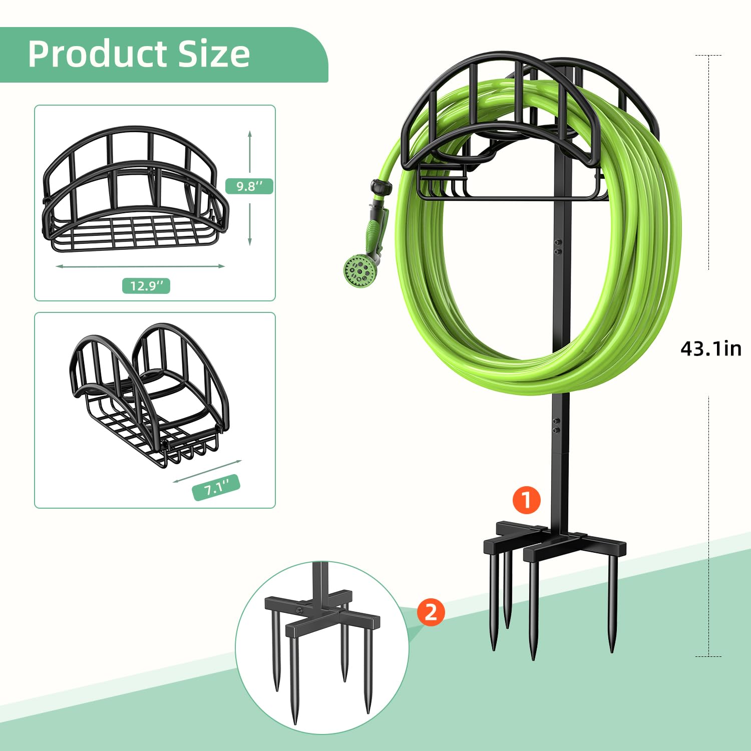 Yumatum Garden Hose Holder, Upgraded Metal Hose Reel with Tool Storage Basket, Heavy Duty Freestanding Water Hose Holders Holds 150ft Hose, Detachable Hose Storage Hanger for Outside