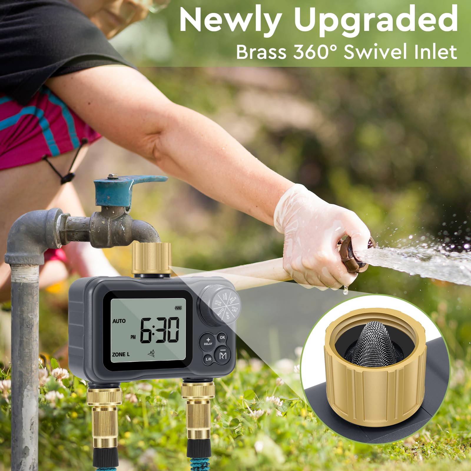 Moistenland Hose Timer with Brass Swivel, Sprinkler Timer, with Rain Delay/Manual/Automatic Watering System,Lawn & Garden Watering Equipment,IP54 Waterproof, 3.1 Inches Large Screen(2 Outlets)