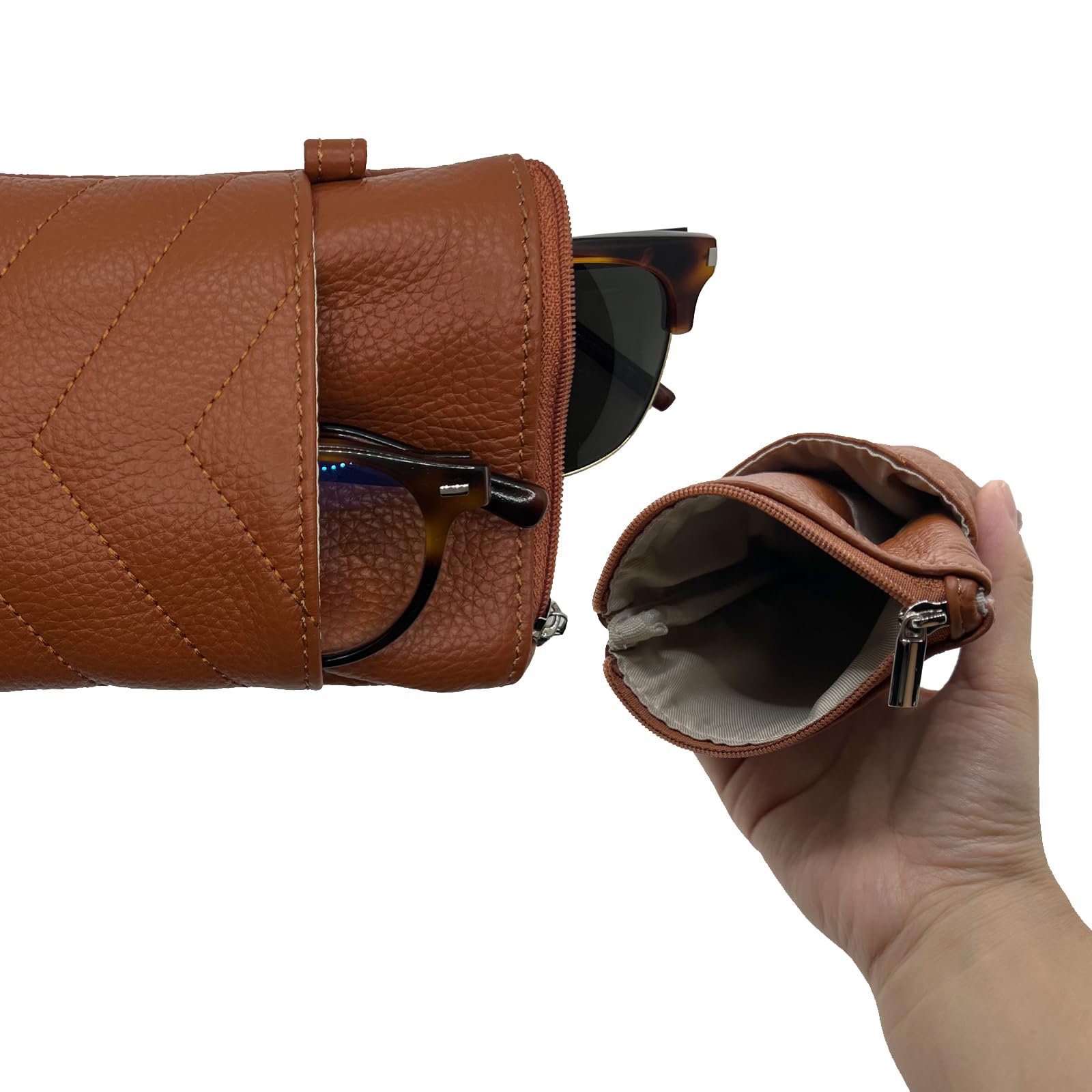 Double Eyeglasses Pouch with Zipper Closure,Soft Genuine Leather Sunglass Organizer Pouch,Portable Eyeglasses Case