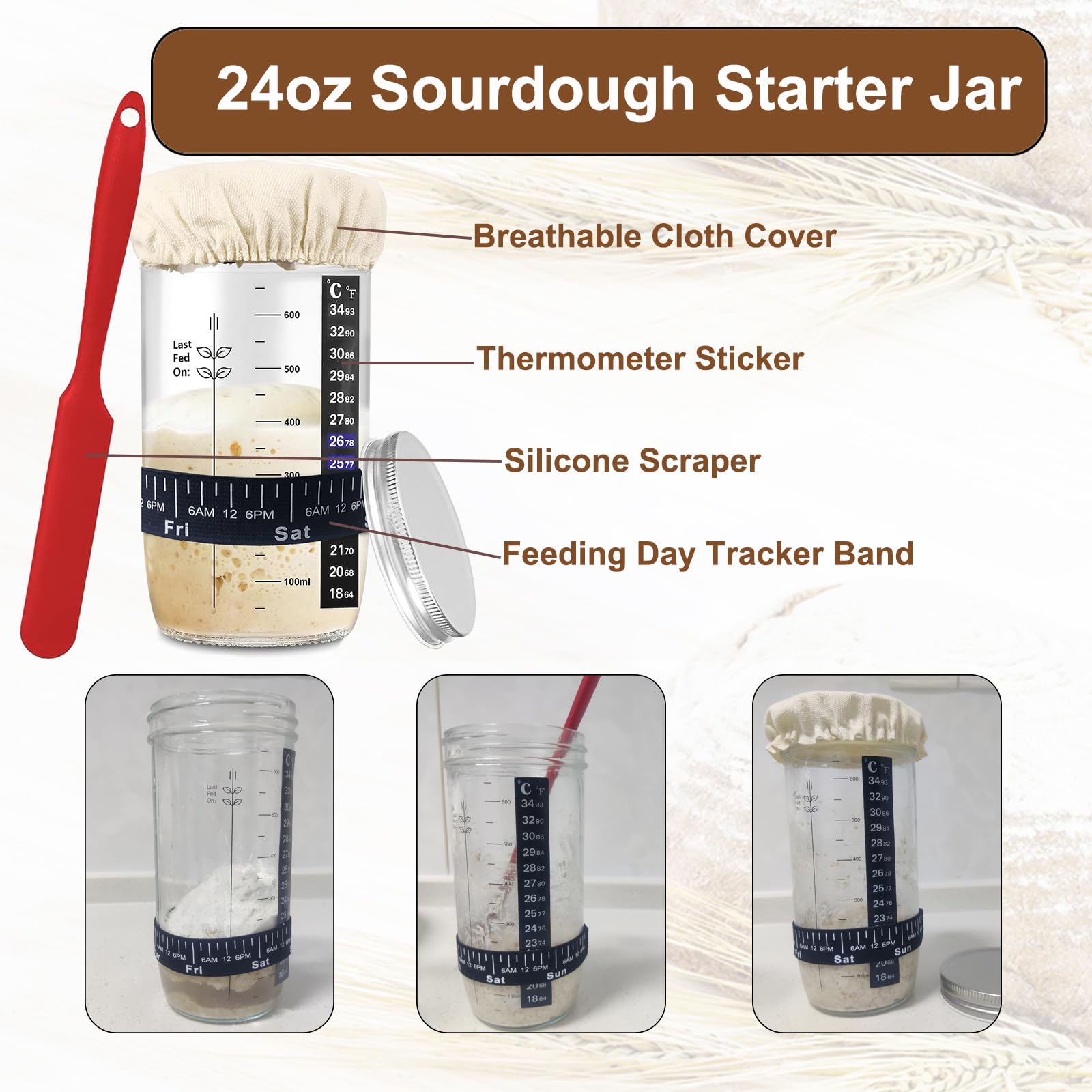 Sourdough Starter Kit,Sourdough Bread Baking Supplies Includes 24OZ Sourdough Starter Jar,2Pcs 9 Inch Round&Oval Sourdough Bread Proofing Baskets With Linen Liner,Silicone Baking Mat,Bread Making Kit