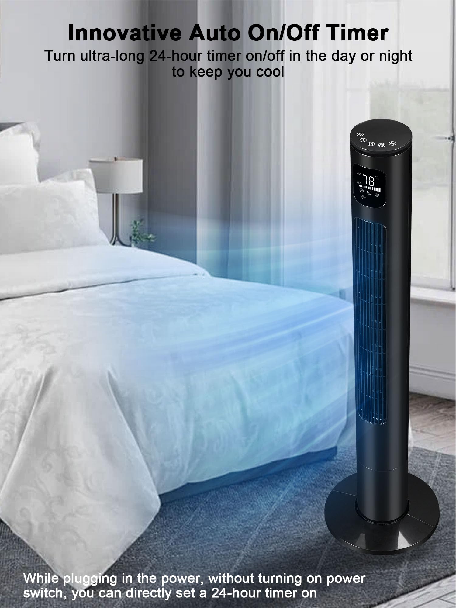 Uthfy 46" Tower Fan With Remote, 24ft/s Fan for Bedroom with 24 H Timer, 80° Oscillating Fan with 3 Speeds, 3 Modes, Portable Fans that Blow Cold Air, Standing Bladeless Fan for Room Home Office