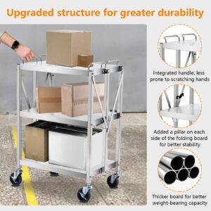 Garvee Heavy Duty Folding Utility Cart, Stainless Steel Collapsible Service Cart 133 Lbs Large Loading per Shelf, Sturdy 3-Tier Rolling Cart with Wheels Lockable for Restaurant Garage Office Outdoor