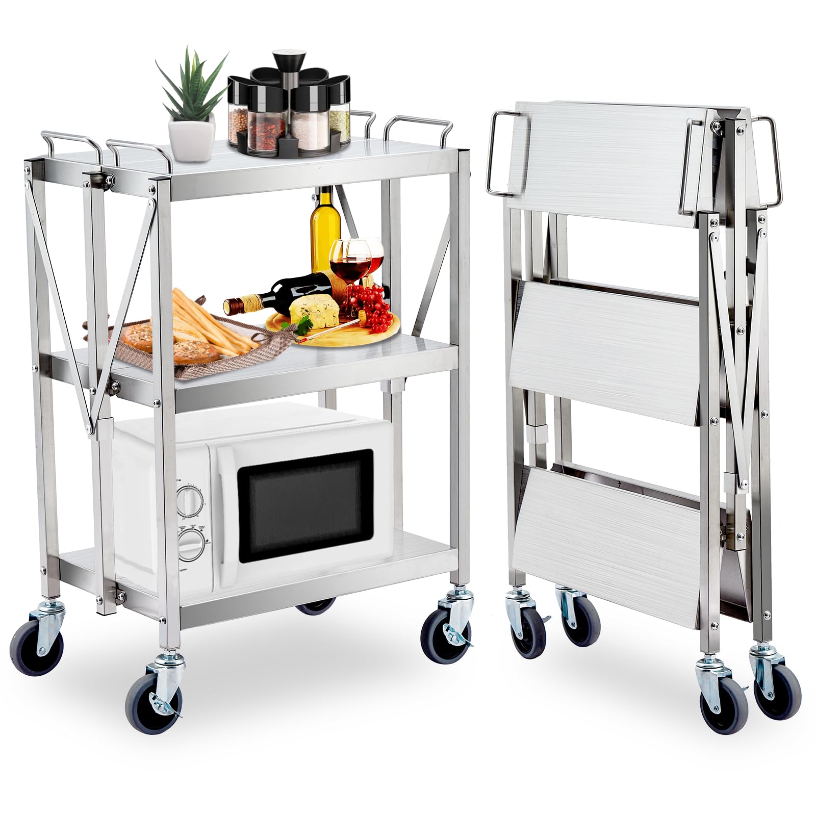 Garvee Heavy Duty Folding Utility Cart, Stainless Steel Collapsible Service Cart 133 Lbs Large Loading per Shelf, Sturdy 3-Tier Rolling Cart with Wheels Lockable for Restaurant Garage Office Outdoor