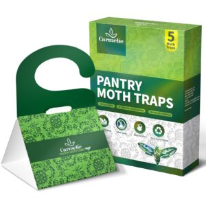 carmelie moth traps, pantry moth traps with pheromones prime, 5 moth traps for meal moth killer, sticky glue flies pest food and cupboard moth killer, hook design for indoor kitchen closet, non-toxic