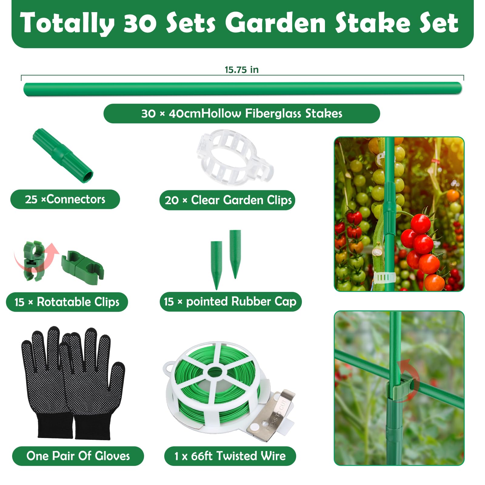 Cludoo 94PCS Garden Stakes Set with 30 Sets Fiberglass Plant Stakes Sticks Supports and Accessories, DIY 4ft 5ft 6ft 7ft Tomato Stakes for Tomato,Vegetables, Pepper, Fences Indoor Outdoor Plants