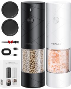 forlim electric salt and pepper grinder set, usb rechargeable, automatic salt pepper mill grinder with dust cover, one-button control, adjustable coarseness, warm led light (2 packs, black&white)