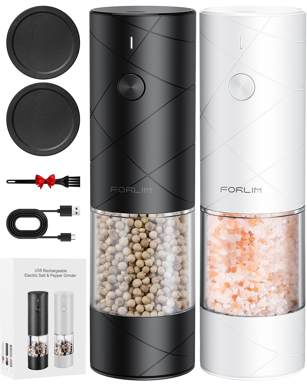 FORLIM Electric Salt and Pepper Grinder Set, USB Rechargeable, Automatic Salt Pepper Mill Grinder with Dust Cover, One-Button Control, Adjustable Coarseness, Warm LED Light (2 Packs, Black&White)