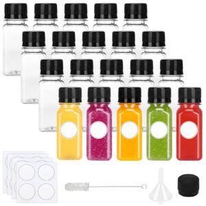 moretoes 20pcs 2oz plastic bottles with caps, empty juice bottles for juicing, reusable juice containers with labels, funnel and brush for potion, ginger shots, oils, and other juicing beverages