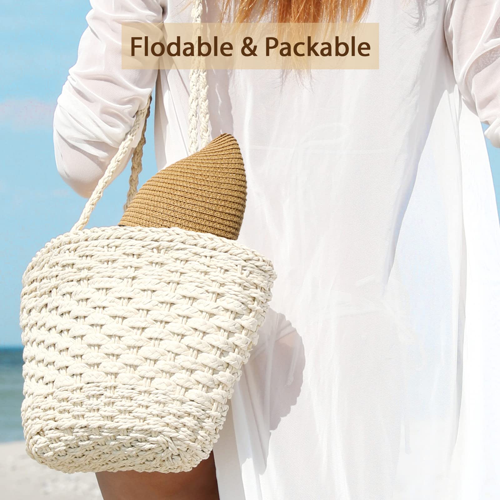 Beach Hats for Women - Sun Hat Womens, Wide Brim Sun Straw Hat for Women with Wind Lanyard Roll Up Hat UV Protection Foldable Khaki