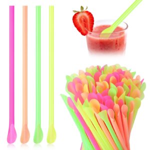 eaasty 500 pcs snow cone spoon straws, flexible plastic straws, flexible disposable drinking straws, disposable plastic sip stir sticks (yellow,green,orange,rose red)