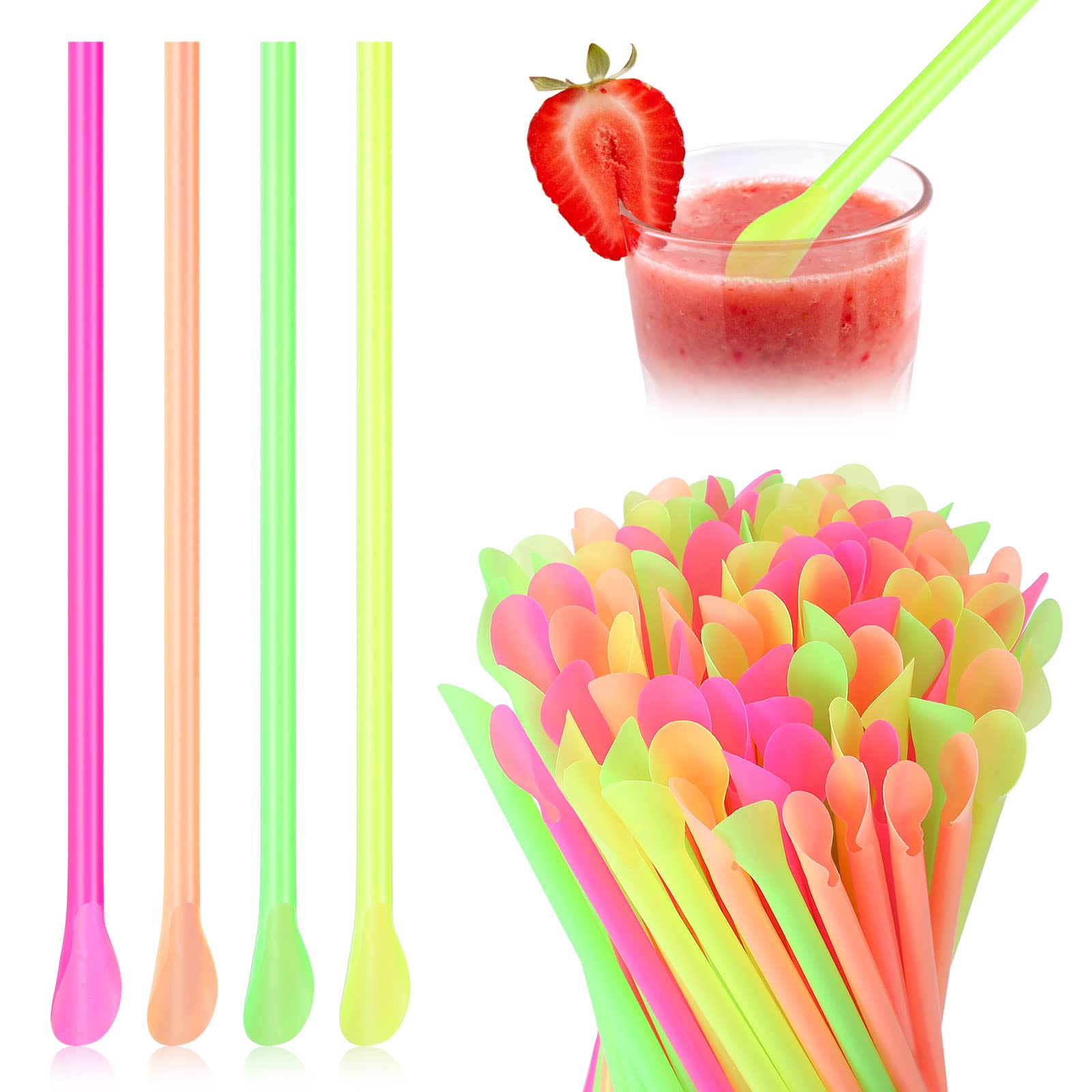 Eaasty 500 Pcs Snow Cone Spoon Straws, Flexible Plastic Straws, Flexible Disposable Drinking Straws, Disposable Plastic Sip Stir Sticks (Yellow,Green,Orange,Rose Red)