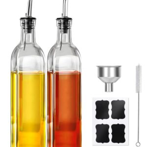 WEILAIDI Olive Oil Dispenser Bottle,2 Pcs Glass Oil Dispenser for Kitchen,Glass Olive Oil Dispenser and Vinegar Dispenser Set with 2 Stainless Steel Pourers, 4 Labels,1 Brush and 1 Funnel（500ML）