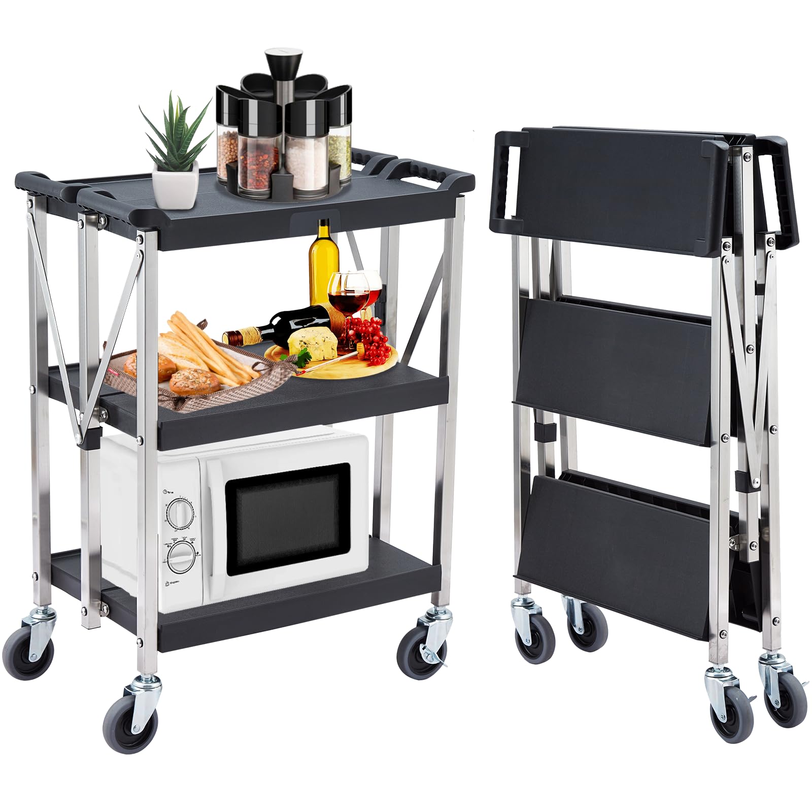 Garvee Foldable Utility Service Cart w/ 360°Swivel Wheels Lockable, 300LbsLoad Capacity, XL 3-Tier Tool Carts for Restaurant Garage Office Outdoor Storage and Transport, Stainless Steel Frame